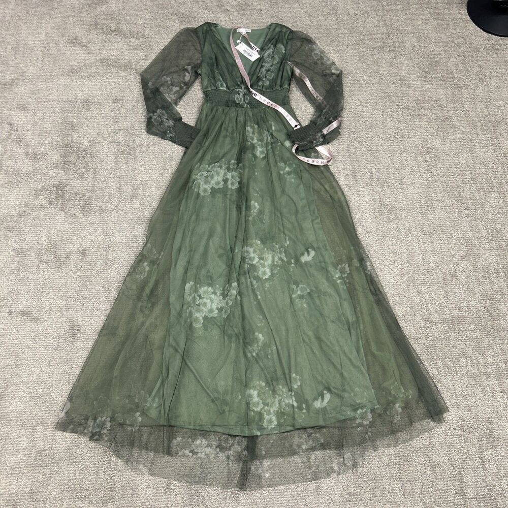 Baltic Born Dress Womens Small Floral Layla Tulle Maxi Long Sleeve Green New